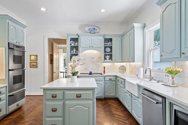 7215 Abrams Place Ct, Dallas, TX 75231 - kitchen featuring a warming drawer, appliances with stainless steel finishes, open shelves, a sink, and recessed lighting