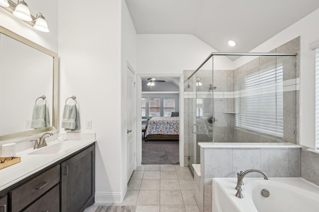 1512 Nighthawk Ln, Mansfield, TX 76063 - bathroom featuring a garden tub, vanity, a shower stall, ceiling fan, and connected bathroom