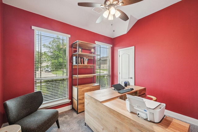 1512 Nighthawk Ln, Mansfield, TX 76063 - office featuring carpet, ceiling fan, lofted ceiling, and baseboards