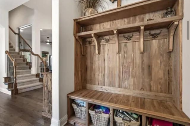 1104 Killian Dr, Mansfield, TX 76063 - mudroom with wood finished floors, ceiling fan, and baseboards
