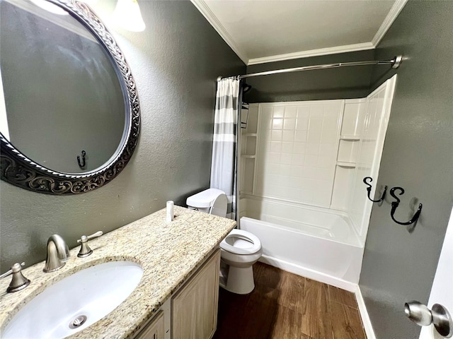 608 Marbury Way, Wylie, TX 75098 - bathroom featuring crown molding, vanity, wood finished floors, toilet, and shower / bath combo with shower curtain