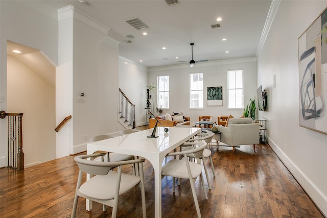 2123 Diversey St, Dallas, TX 75201 - dining room featuring crown molding, stairs, a ceiling fan, wood finished floors, and recessed lighting