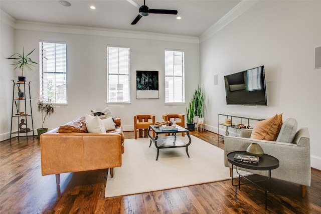 2123 Diversey St, Dallas, TX 75201 - living room with crown molding, baseboards, ceiling fan, wood finished floors, and recessed lighting