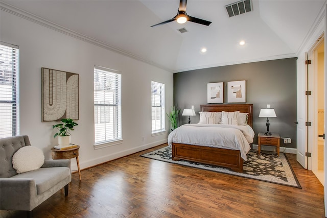 2123 Diversey St, Dallas, TX 75201 - bedroom featuring vaulted ceiling, baseboards, crown molding, wood finished floors, and recessed lighting