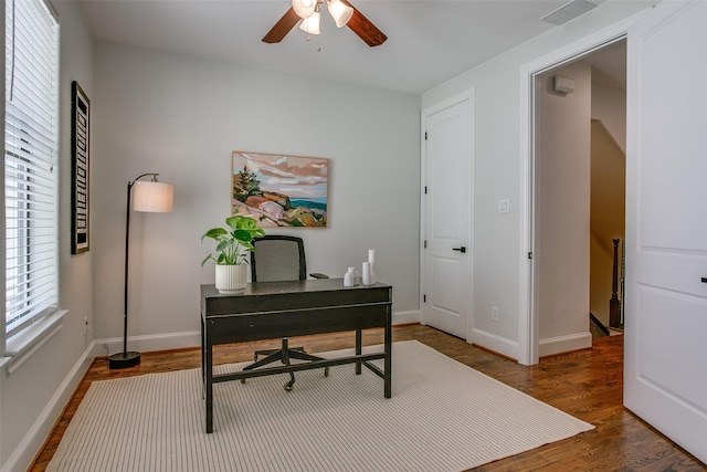 2123 Diversey St, Dallas, TX 75201 - office area featuring wood finished floors, a ceiling fan, and baseboards