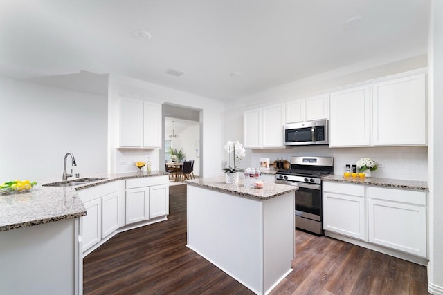 1215 Chapel Hill Dr, Anna, TX 75409 - kitchen with stainless steel appliances, a sink, white cabinetry, and dark wood finished floors