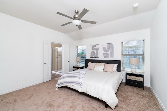 1215 Chapel Hill Dr, Anna, TX 75409 - carpeted bedroom featuring vaulted ceiling, baseboards, a ceiling fan, and connected bathroom