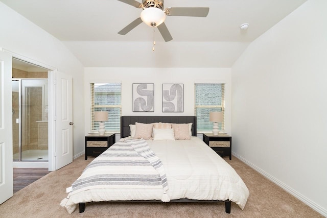 1215 Chapel Hill Dr, Anna, TX 75409 - carpeted bedroom featuring vaulted ceiling, baseboards, ensuite bath, and ceiling fan