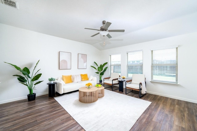 1215 Chapel Hill Dr, Anna, TX 75409 - living room featuring dark wood-type flooring, lofted ceiling, baseboards, and ceiling fan