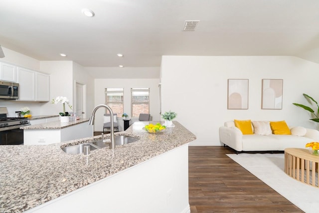 1215 Chapel Hill Dr, Anna, TX 75409 - kitchen with appliances with stainless steel finishes, a sink, recessed lighting, white cabinets, and light stone countertops
