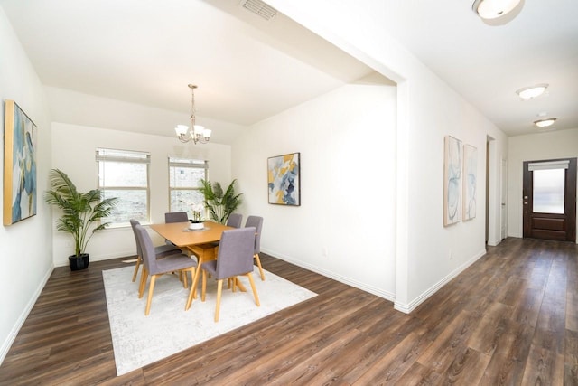 1215 Chapel Hill Dr, Anna, TX 75409 - dining area featuring dark wood-style floors, a chandelier, baseboards, and vaulted ceiling