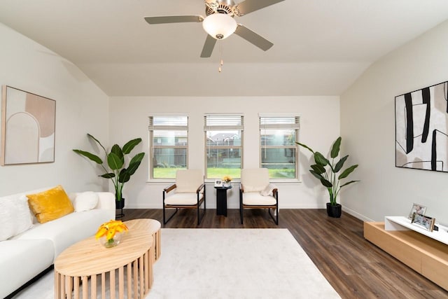 1215 Chapel Hill Dr, Anna, TX 75409 - living room featuring vaulted ceiling, wood finished floors, baseboards, and ceiling fan