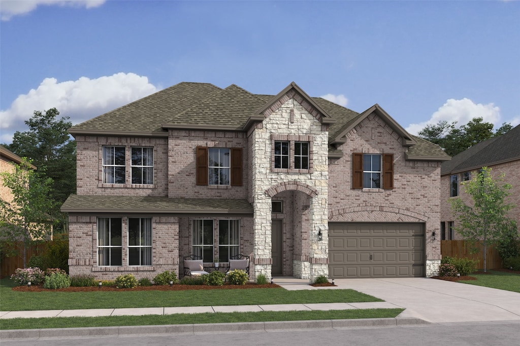 5660 Taylor Trl, Arlington, TX 76017 - french country style house with brick siding, an attached garage, concrete driveway, and roof with shingles