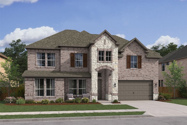 5660 Taylor Trl, Arlington, TX 76017 - french country style house with brick siding, an attached garage, concrete driveway, and roof with shingles