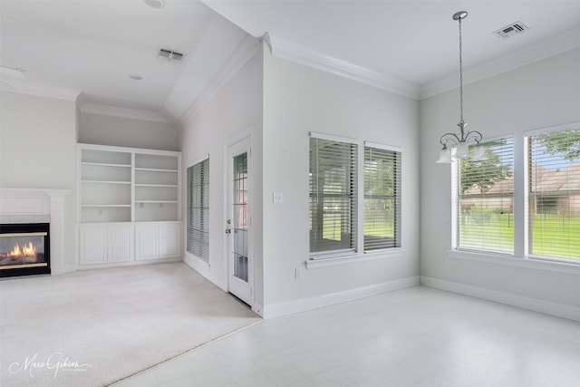 49 Turnbury Dr, Bossier City, LA 71111 - unfurnished dining area featuring crown molding, french doors, a chandelier, baseboards, and a glass covered fireplace