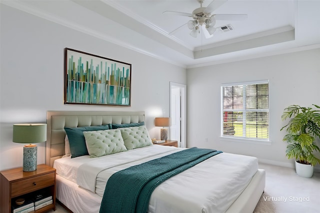 49 Turnbury Dr, Bossier City, LA 71111 - bedroom with a tray ceiling, carpet, ornamental molding, baseboards, and a ceiling fan