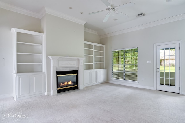 49 Turnbury Dr, Bossier City, LA 71111 - unfurnished living room with carpet, a fireplace with flush hearth, ornamental molding, a ceiling fan, and baseboards
