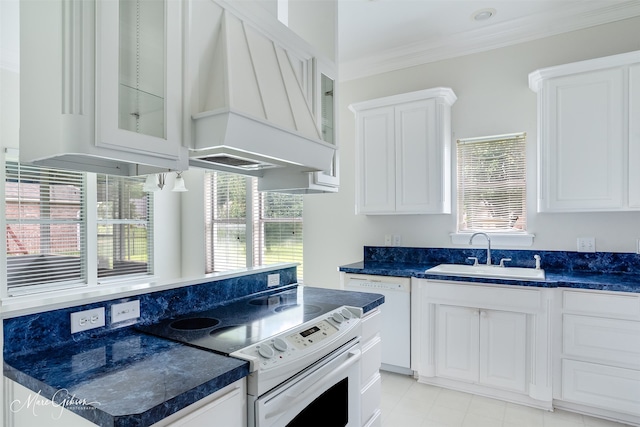 49 Turnbury Dr, Bossier City, LA 71111 - kitchen featuring a sink, white appliances, custom exhaust hood, crown molding, and dark countertops