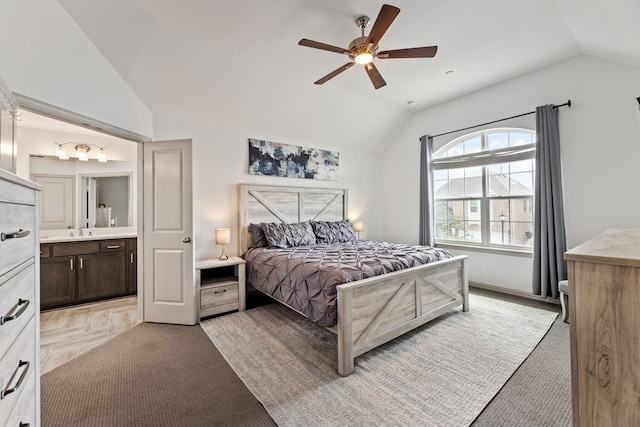 974 Mikaela Dr, Allen, TX 75013 - bedroom featuring vaulted ceiling, a sink, ensuite bath, and ceiling fan