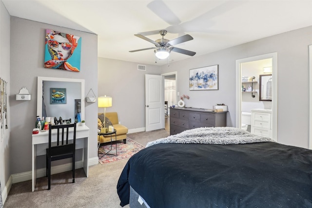 3713 Fairfield Dr, Carrollton, TX 75007 - bedroom featuring carpet, baseboards, connected bathroom, and a ceiling fan