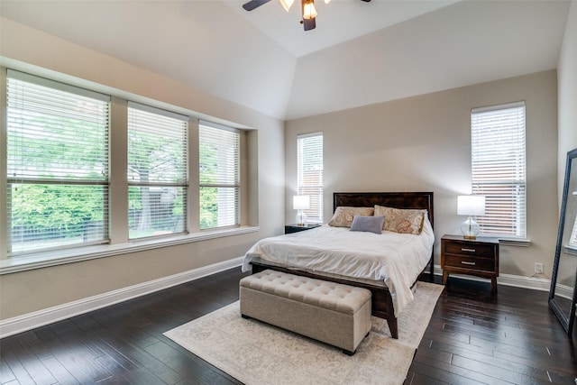 4301 Spruce Rd, Melissa, TX 75454 - bedroom with baseboards, dark wood-style flooring, lofted ceiling, and a ceiling fan