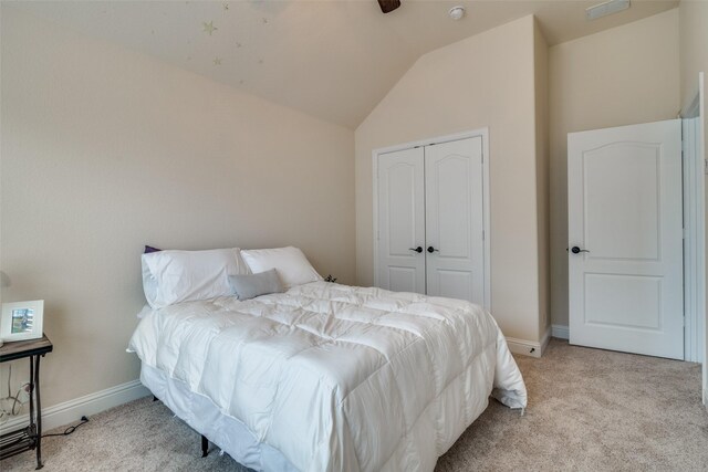 4301 Spruce Rd, Melissa, TX 75454 - bedroom featuring vaulted ceiling, a closet, light colored carpet, and baseboards