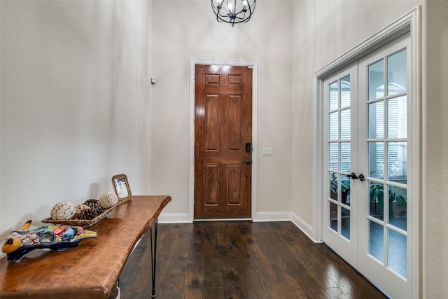4301 Spruce Rd, Melissa, TX 75454 - foyer entrance featuring french doors, dark wood-style flooring, baseboards, and a chandelier