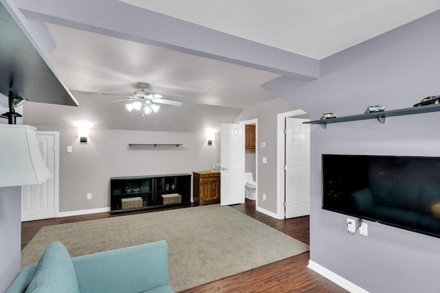 5 Remington Ct, Red Oak, TX 75154 - living room with ceiling fan, dark wood finished floors, baseboards, and vaulted ceiling