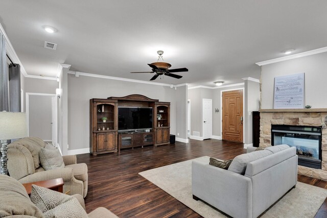 5 Remington Ct, Red Oak, TX 75154 - living room featuring a ceiling fan, crown molding, dark wood finished floors, and baseboards