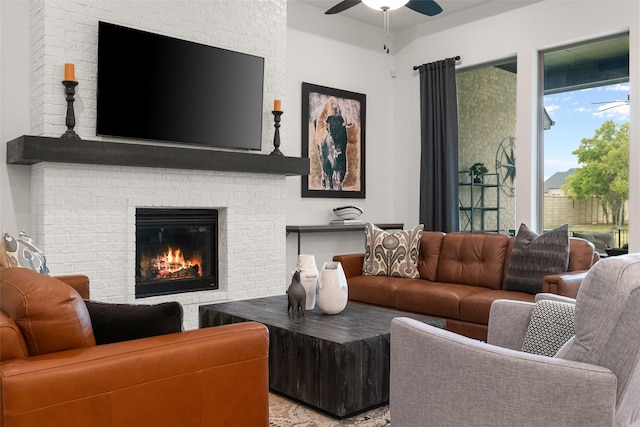 1804 Rockwood Ln, Mansfield, TX 76063 - living room featuring ceiling fan and a brick fireplace