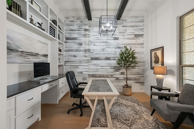 1804 Rockwood Ln, Mansfield, TX 76063 - office featuring wooden walls, wood finished floors, an accent wall, beamed ceiling, and a chandelier