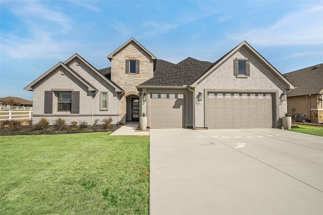 10020 Crestview Dr, Denton, TX 76207 - french provincial home with concrete driveway, stucco siding, a garage, and stone siding