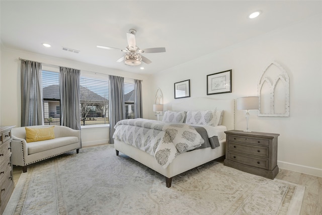 10020 Crestview Dr, Denton, TX 76207 - bedroom with baseboards, wood finished floors, ceiling fan, and recessed lighting