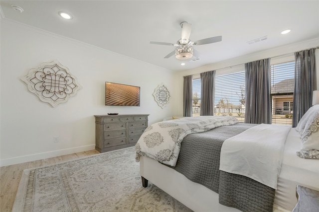 10020 Crestview Dr, Denton, TX 76207 - bedroom featuring wood finished floors, baseboards, ornamental molding, a ceiling fan, and recessed lighting