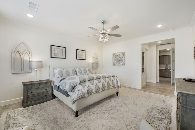 10020 Crestview Dr, Denton, TX 76207 - bedroom with baseboards, crown molding, wood finished floors, recessed lighting, and a ceiling fan