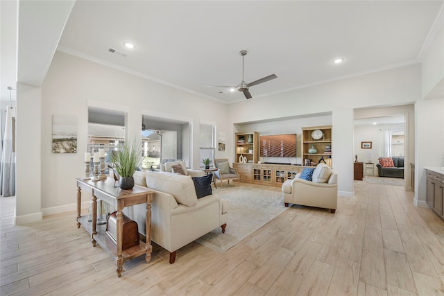 10020 Crestview Dr, Denton, TX 76207 - living room with ceiling fan, crown molding, light wood-style flooring, baseboards, and recessed lighting