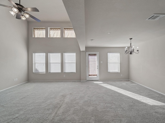 1159 Landon Ln, Allen, TX 75013 - unfurnished living room featuring carpet, a chandelier, a ceiling fan, and baseboards
