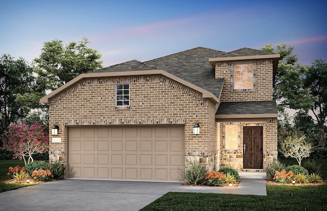 2402 Carlow Ln, Lowry Crossing, TX 75407 - french country style house with concrete driveway, stone siding, brick siding, and roof with shingles