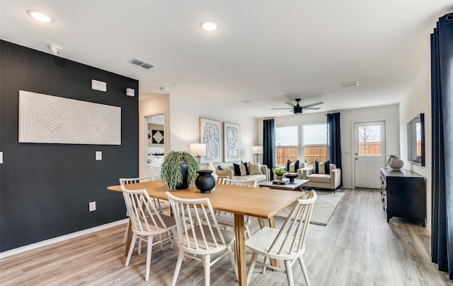 2402 Carlow Ln, Lowry Crossing, TX 75407 - dining room featuring ceiling fan, light wood-style flooring, recessed lighting, and baseboards