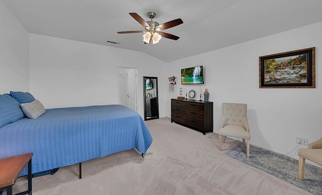 6608 Costa Dr, Waco, TX 76712 - bedroom with light colored carpet, lofted ceiling, and a ceiling fan