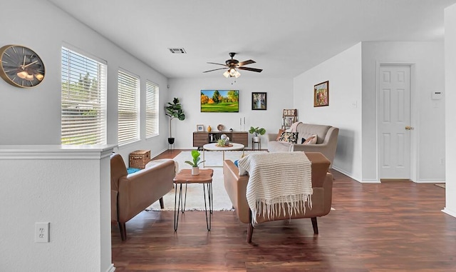 6608 Costa Dr, Waco, TX 76712 - living room featuring ceiling fan, wood finished floors, and baseboards