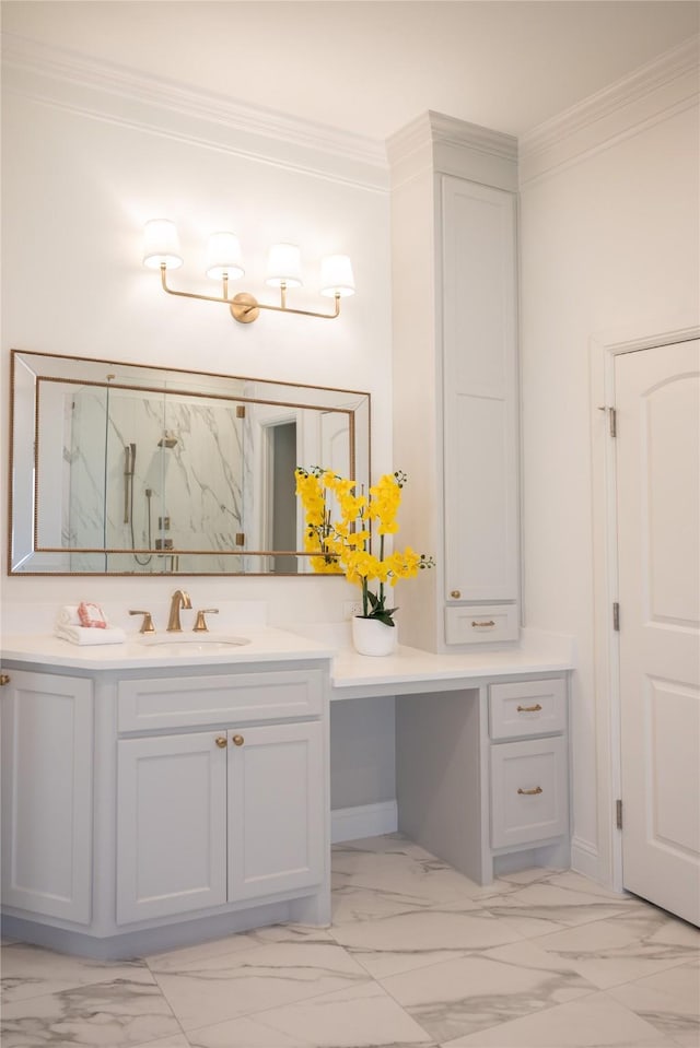 6032 Forest Ln, Fort Worth, TX 76112 - bathroom featuring marble finish floors, crown molding, vanity, a marble finish shower, and baseboards