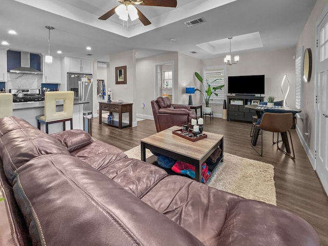3718 Maybeth St, Dallas, TX 75212 - living room featuring a raised ceiling, ceiling fan, dark wood-style flooring, baseboards, and recessed lighting