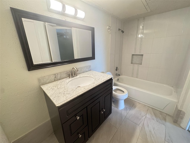 18333 Roehampton Dr Unit 1031, Dallas, TX 75252 - full bath featuring vanity, toilet, tub / shower combination, and marble look tiles