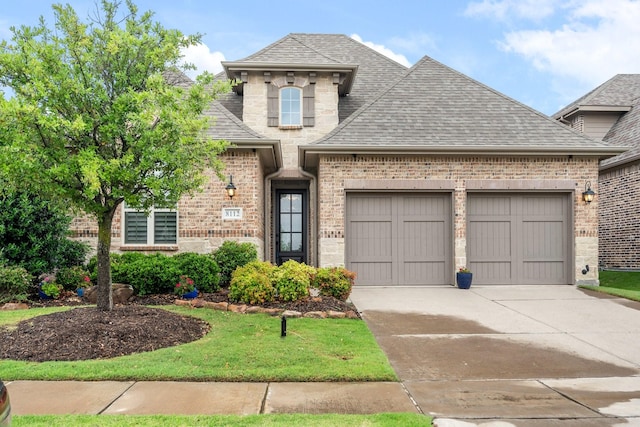 8112 Western, The Colony, TX 75056 - french country style house featuring a shingled roof, brick siding, a garage, and concrete driveway