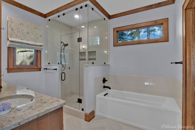 5305 S Lakeshore Dr, Shreveport, LA 71109 - bathroom with a bath, a stall shower, crown molding, vanity, and tile patterned flooring