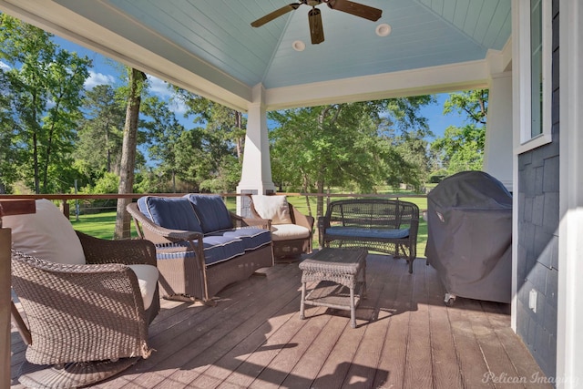 5305 S Lakeshore Dr, Shreveport, LA 71109 - wooden deck featuring an outdoor hangout area, a ceiling fan, grilling area, and view of scattered trees