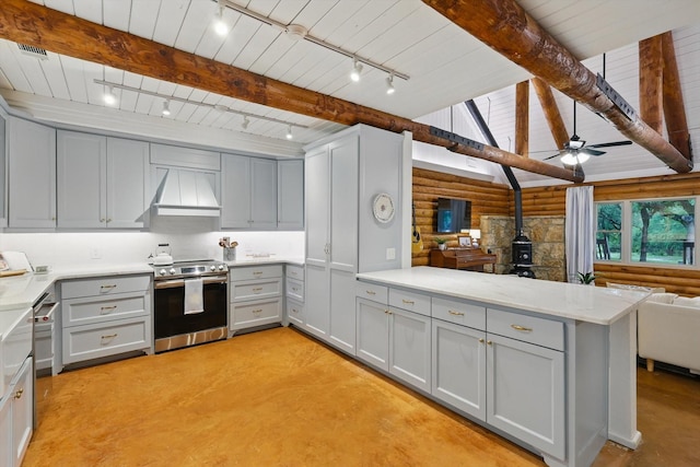 127 Pleasant Valley Ln, Weatherford, TX 76087 - kitchen with stainless steel appliances, rail lighting, gray cabinets, open floor plan, and rustic walls