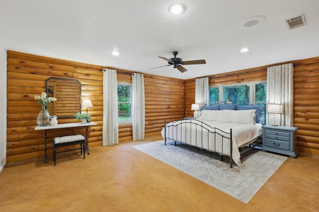 127 Pleasant Valley Ln, Weatherford, TX 76087 - bedroom with recessed lighting, log walls, and ceiling fan