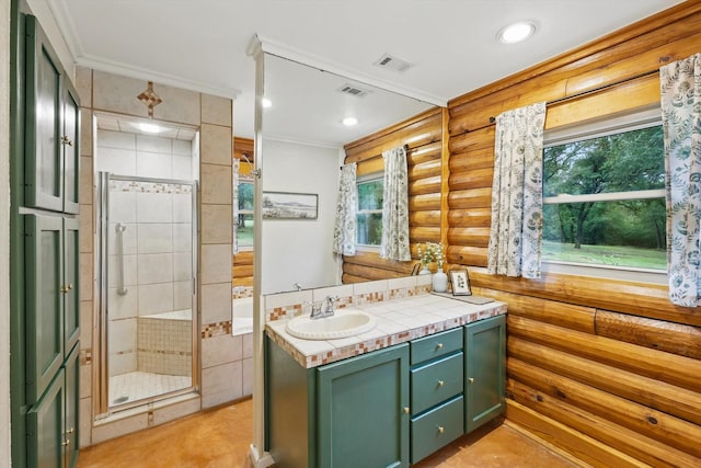 127 Pleasant Valley Ln, Weatherford, TX 76087 - full bathroom with rustic walls, vanity, a stall shower, recessed lighting, and ornamental molding